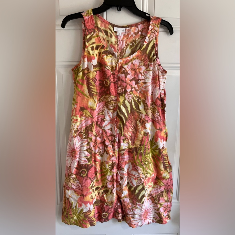 J. Jill Love Linen Pink Green Floral Sleeveless Dress Tropical Women’s S Petite